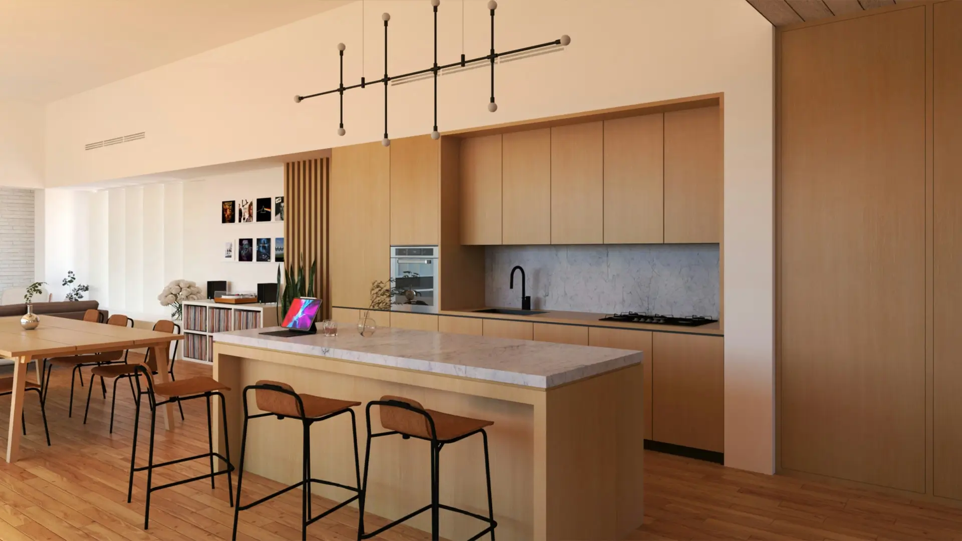 Cocina mediana personalizada con isla y diferentes zonas de trabajo