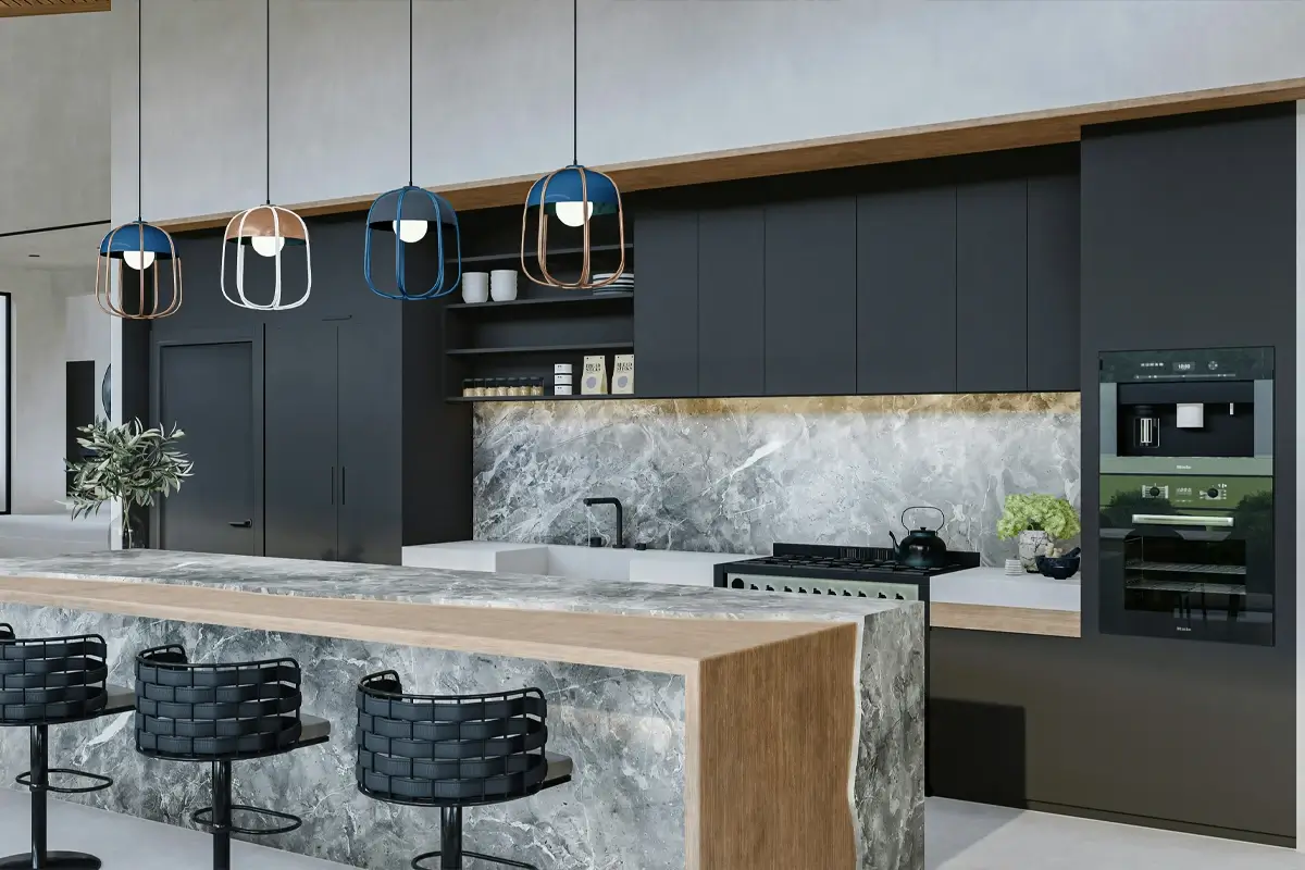 Cocinas puente con almacenamiento superior y diseño integrado para cocina moderna