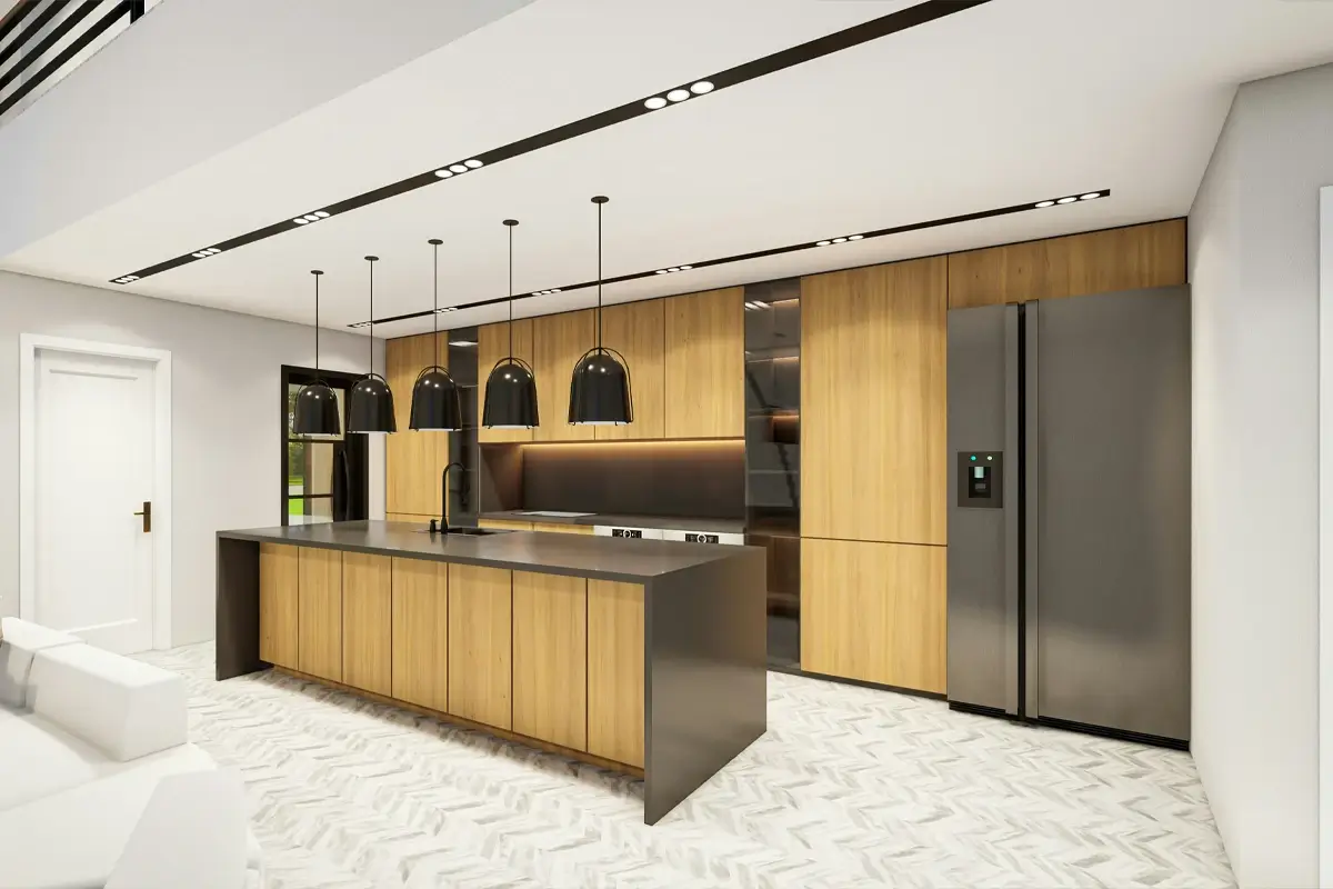 Muebles altos de cocina puente que conectan columnas y aprovechan el espacio superior