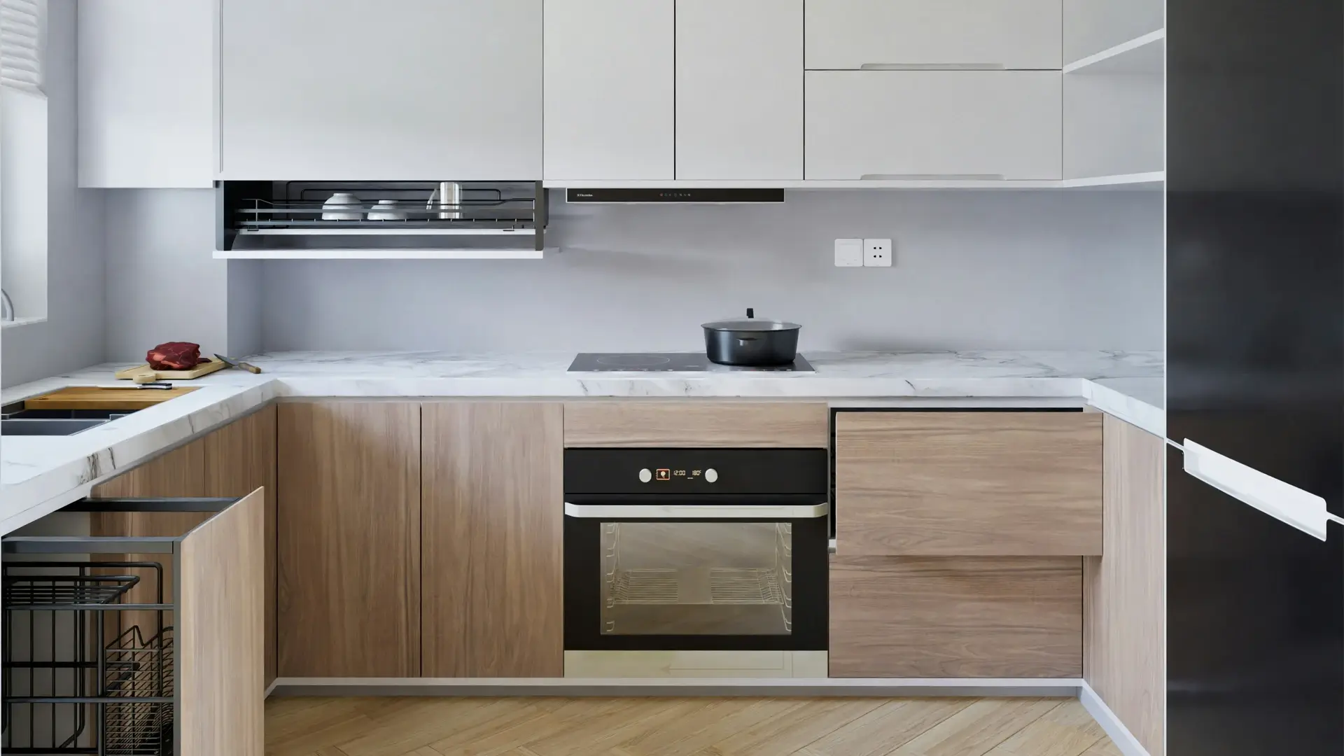 Cocina en U con mobiliario, cubierta y electrodomésticos integrados