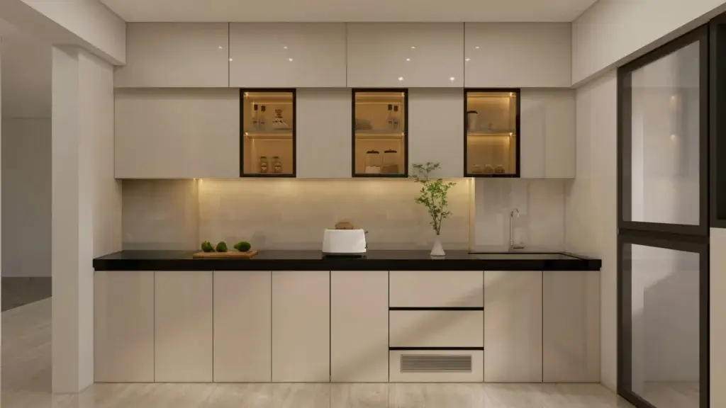 Cocina moderna con mobiliario, electrodomésticos, iluminación y superficies integradas