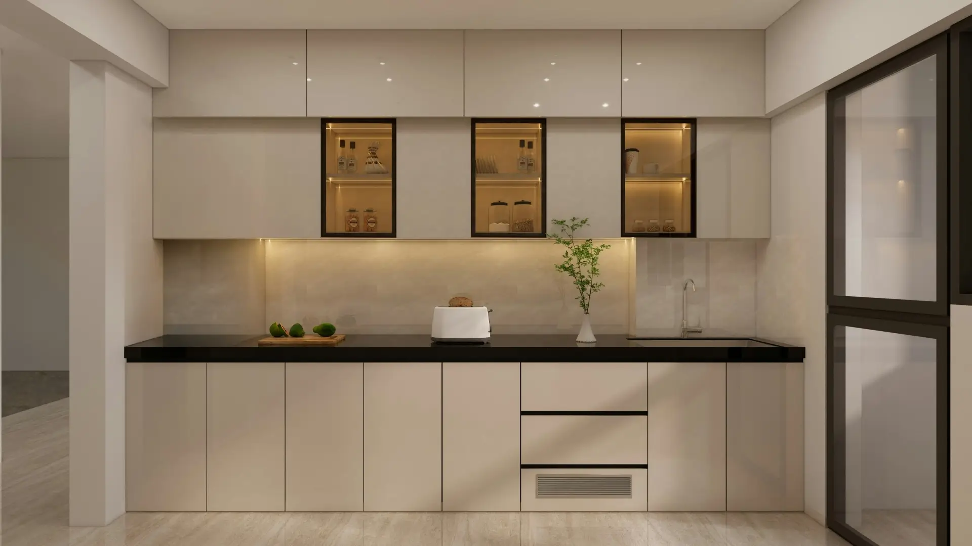 Cocina moderna con mobiliario, electrodomésticos, iluminación y superficies integradas