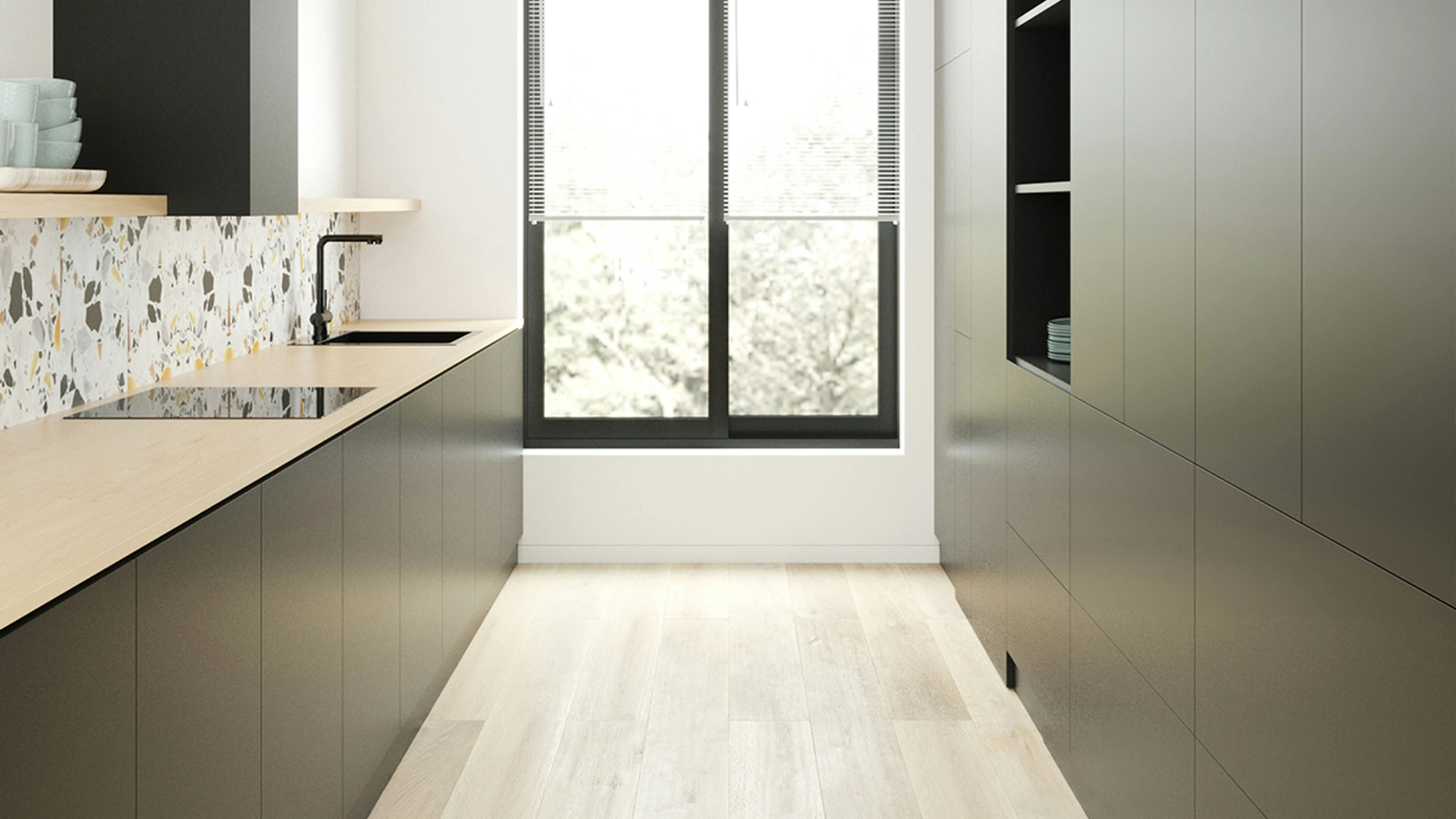 fenix para cocinas modernas con frentes oscuros de apariencia mate e isla central