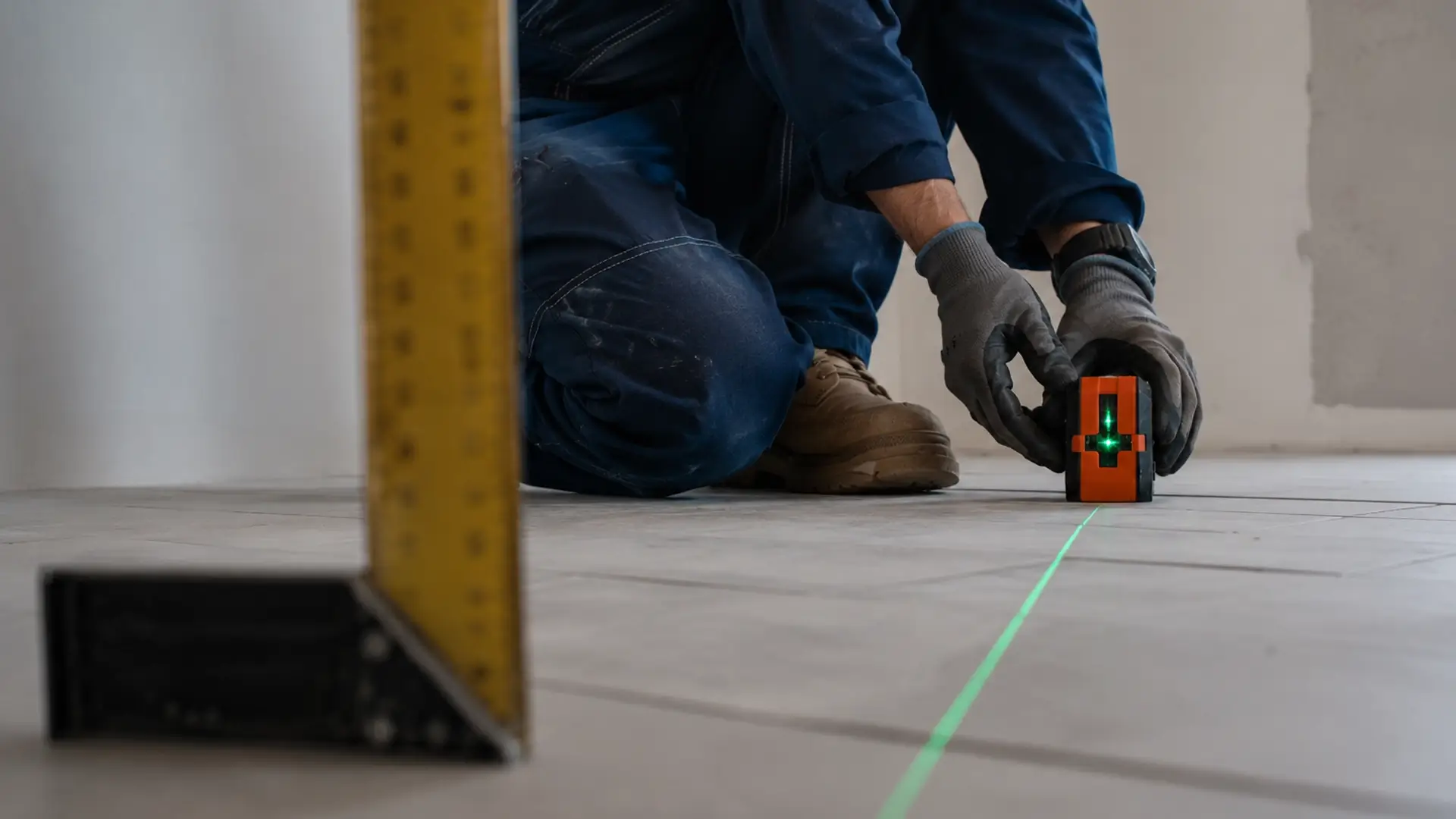 Persona utilizando una cinta métrica antes de planear una remodelación